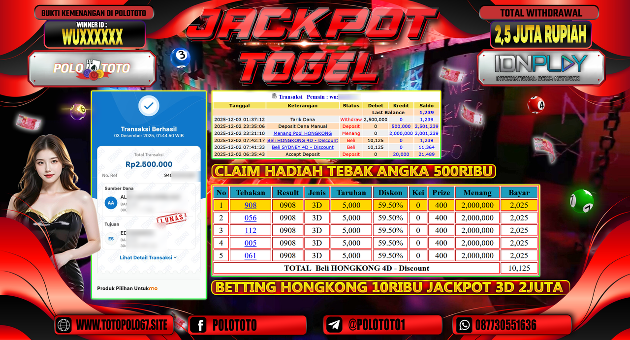 POLOTOTO JACKPOT TOGEL MENANG HONGKONG LOTTO Rp.2.500.000,- LUNAS