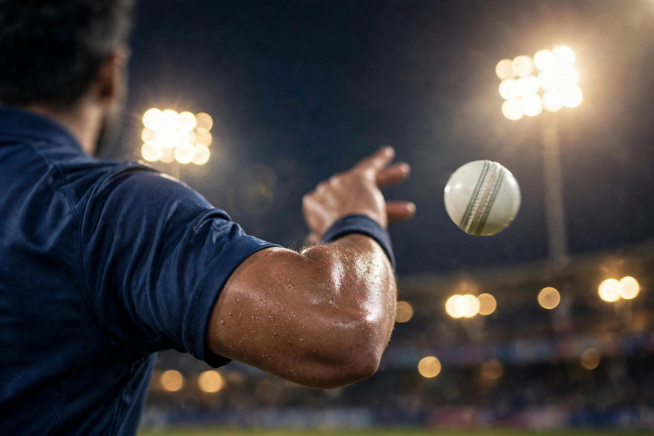 Left-arm spinner delivering the ball under floodlights in a night ODI