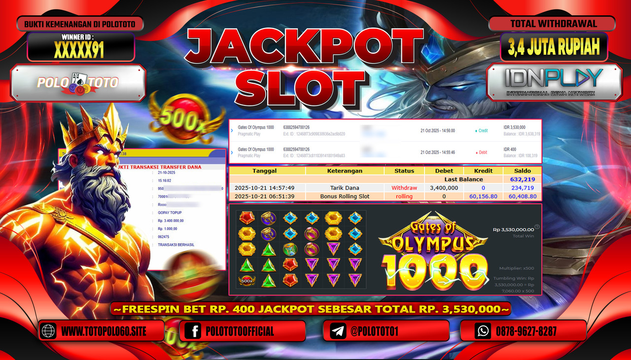 POLOTOTO JACKPOT SLOT GATES OF OLYMPUS 1000 Rp.3.400.000,- LUNAS