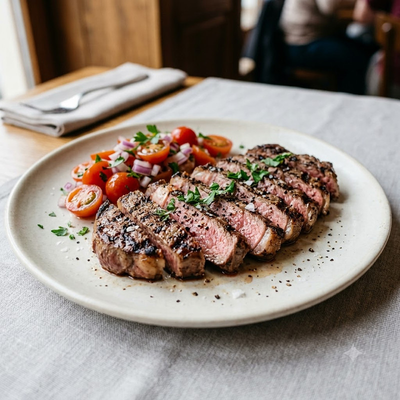 Churrasco a la brasa con huevo y patatas fritas