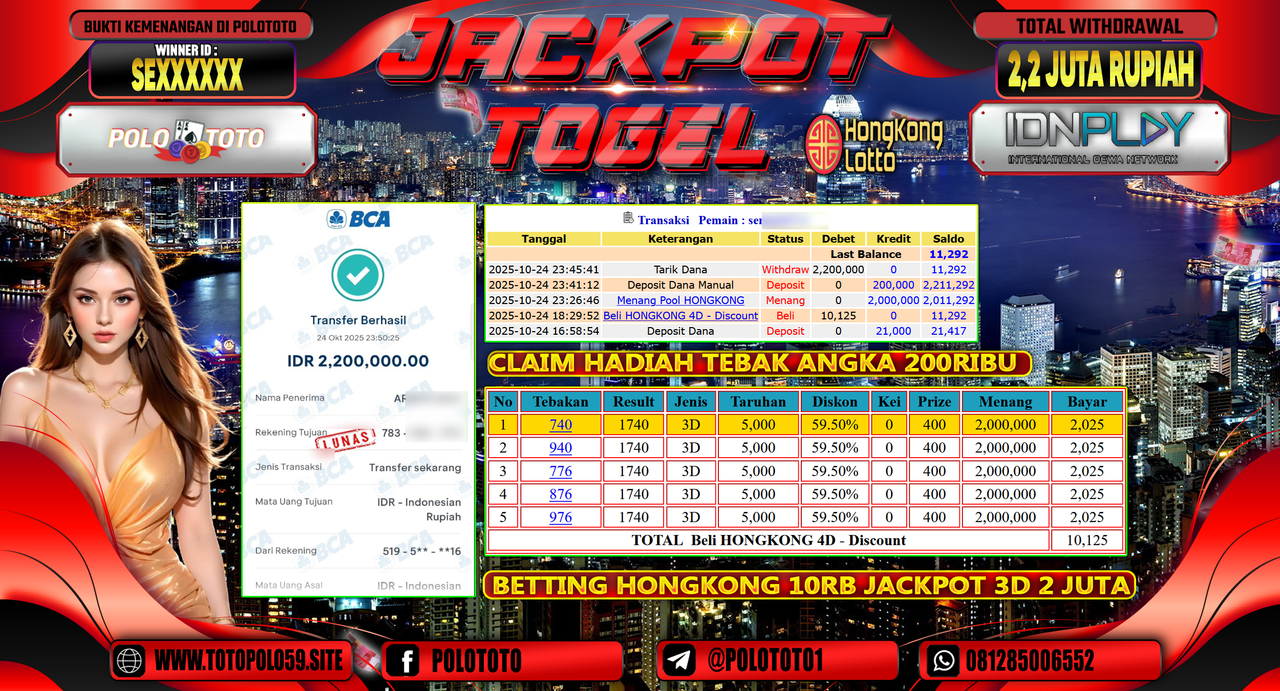 POLOTOTO JACKPOT TOGEL MENANG HONGKONG LOTTO Rp.2.200.000,- LUNAS