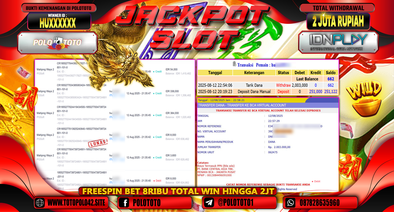 POLOTOTO JACKPOT SLOT MAHJONG WAYS 2 Rp.2.000.000,-LUNAS