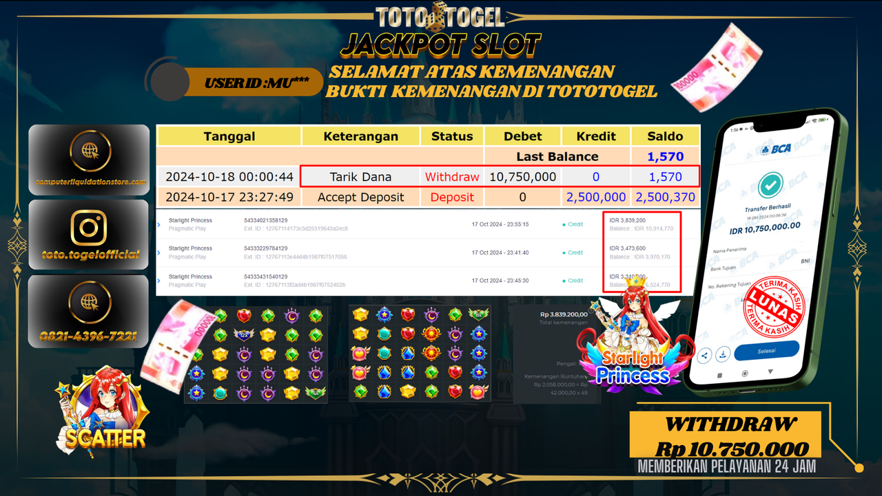 Bukti Kemenangan Permainan Slot Starlight Princess ID : RIZ*** Terbayar Lunas!!