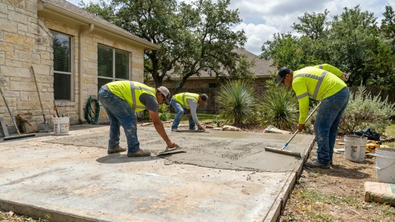 Concrete patio resurfacing work in progress in San Antonio showing crew applying fresh layer over a structurally sound existing slab