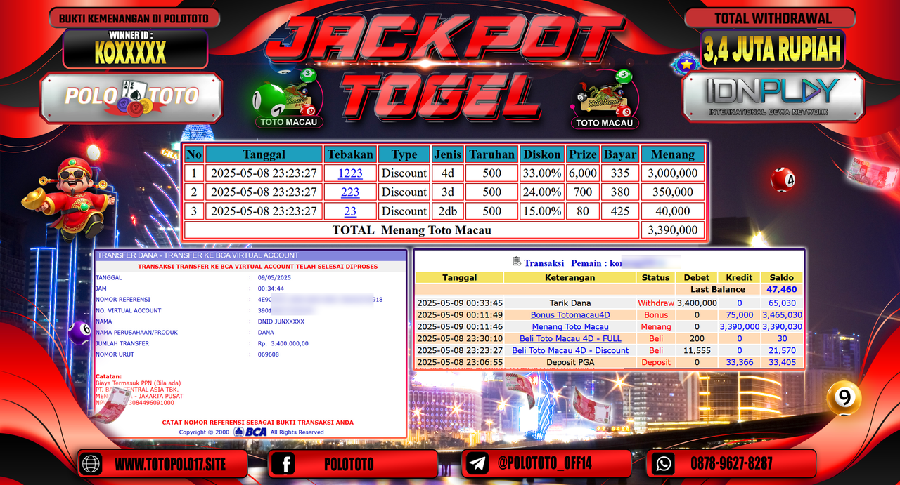 POLOTOTO JACKPOT TOGEL TOTO MACAU Rp.3.400.000,-
