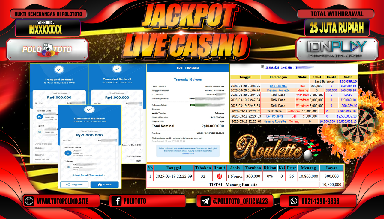 POLOTOTO JACKPOT LIVE CASINO ROULETTE Rp.25.000.000,-