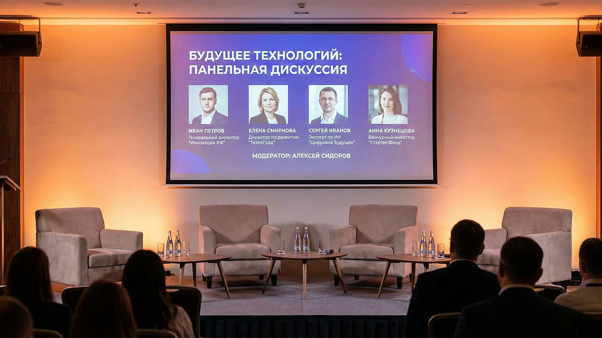 Оформление сцены для панельной дискуссии: удобные кресла и правильный свет