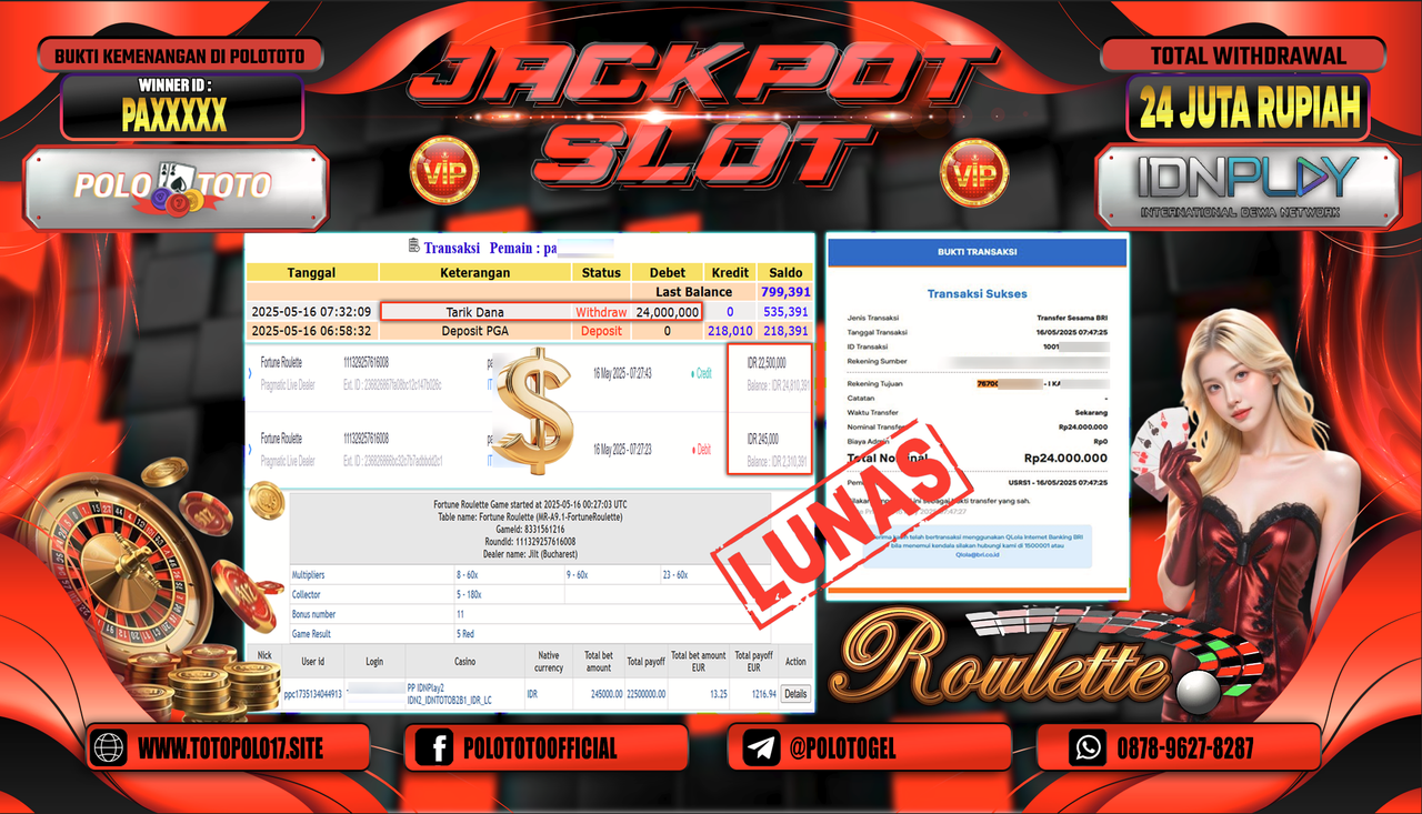 POLOTOTO JACKPOT SLOT FORTUNE ROULETTE Rp.24.000.000,-
