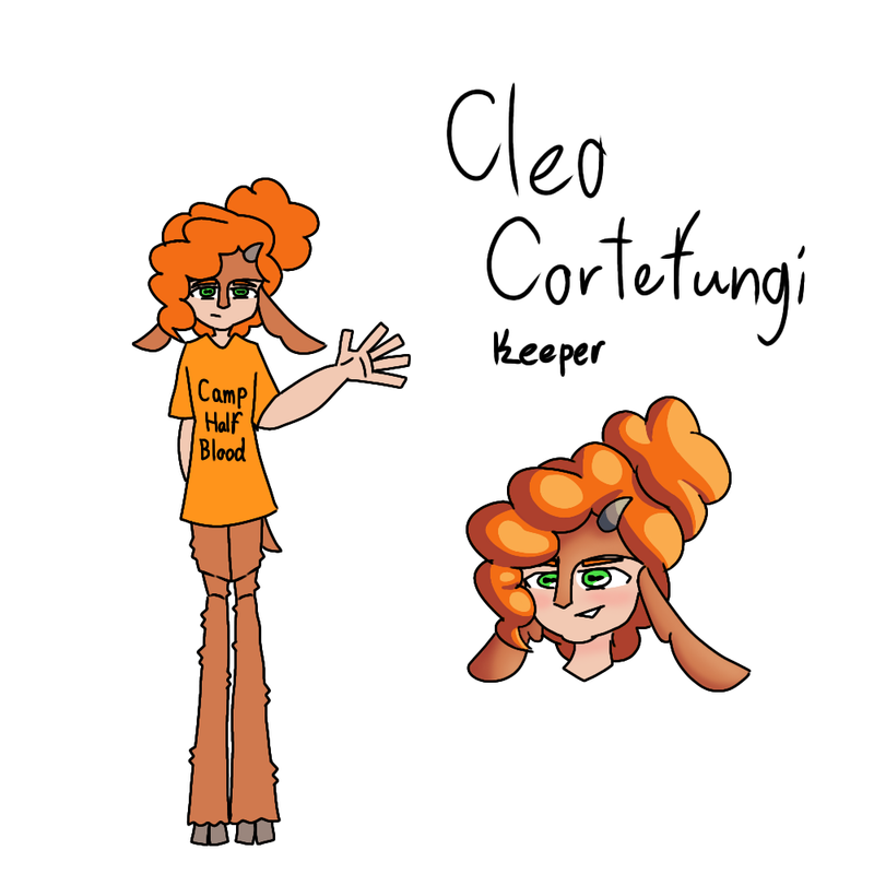 Drawing depicting my design of Cleo, with her hair in a bun, satyr attributes on full display and wearing an orange Camp Half Blood tee