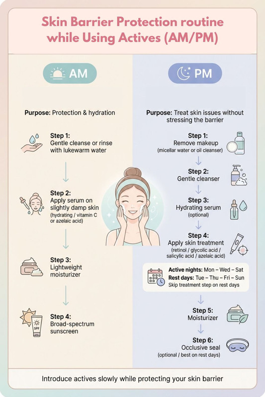 step by step AM and PM routine to protect skin barrier while reintroducing actives safely 