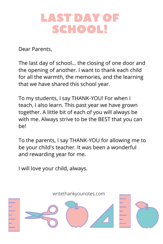 Dear Parents,
The last day of school... the closing of one door and the opening of another.
I want to thank each child for all the warmth, the memories, and the learning that we have shared this school year.
To my students, I say THANK-YOU! For when I teach, I also learn. This past year we have grown together. A little bit of each of you will always be with me. Always strive to be the BEST that you can be!
To the parents, I say THANK-YOU for allowing me to be your child's teacher. It was been a wonderful and rewarding year for me.
I will love your child, always.