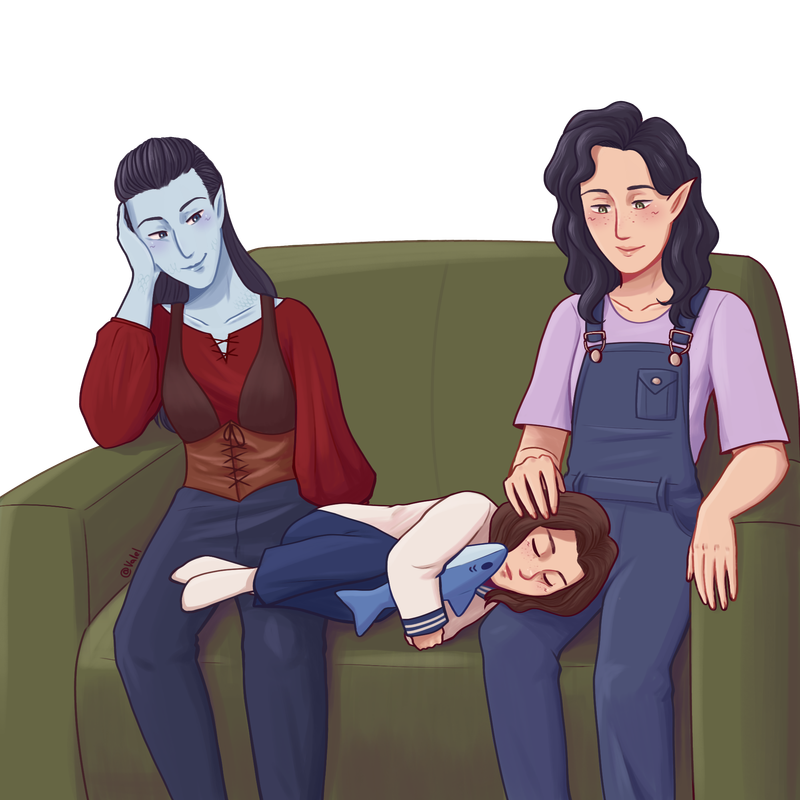 Elsie lays on a green couch with her head on Annie’s lap and her feet on Pete’s, curled up around a stuffed shark. Pete and Annie look at her fondly.