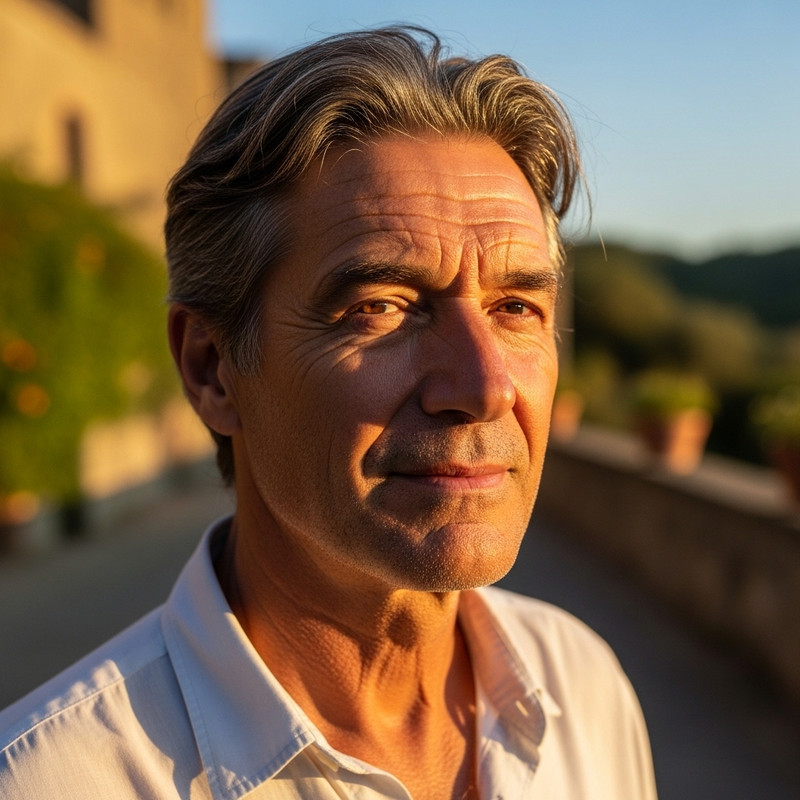 Uomo maturo rilassato all'aperto al tramonto