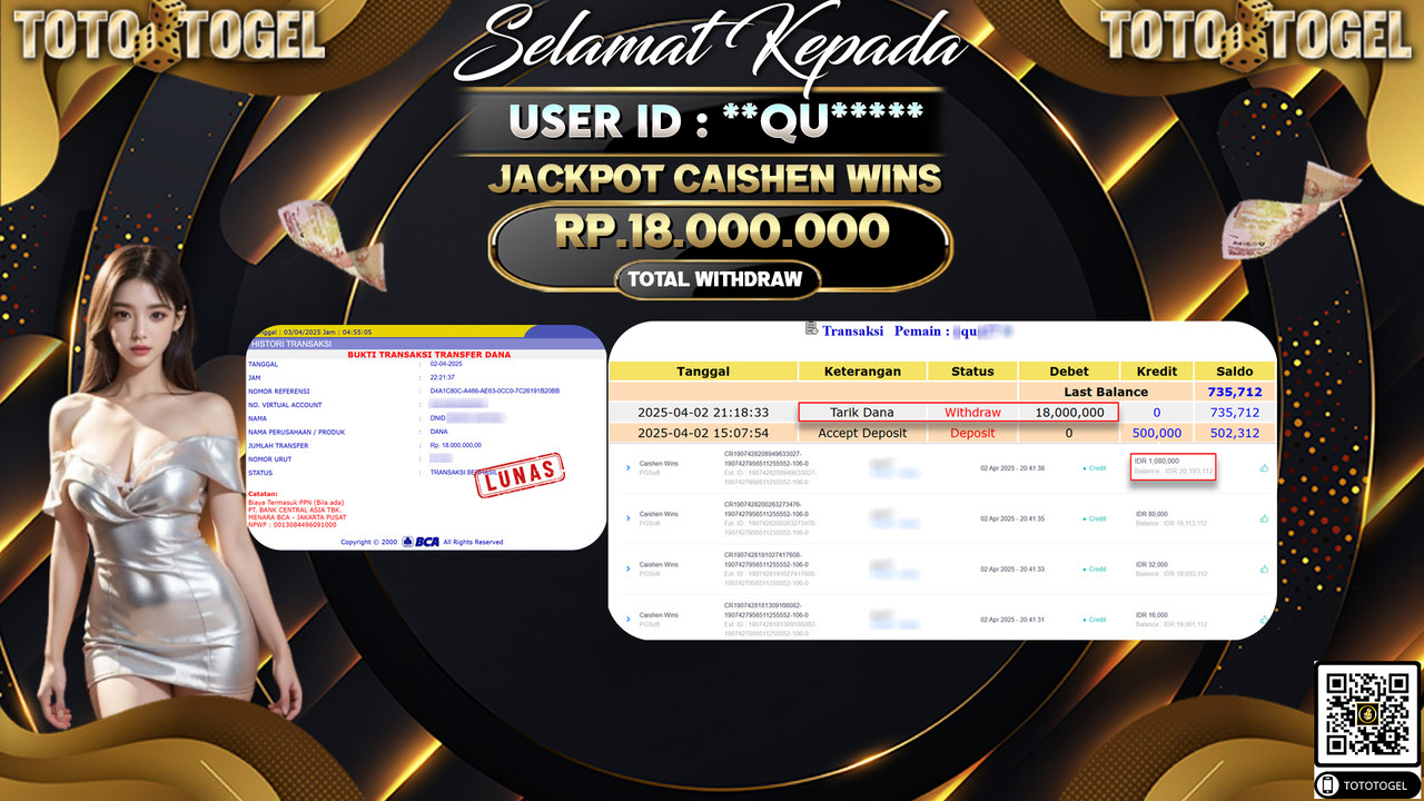 Bukti Pembayaran Jackpot  Permainan Slot Caishen Wins ID**QU**** LUNAS