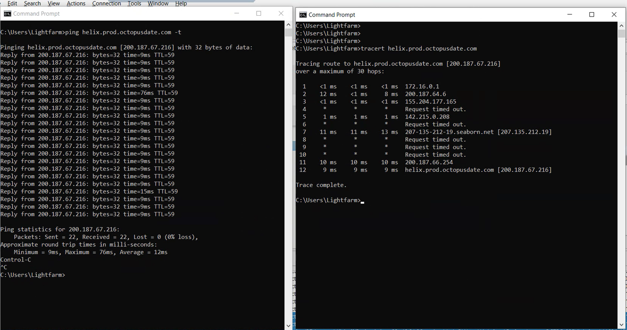 Retorno dos comandos ping e tracert para o endereço helix.prod.octopusdate.com