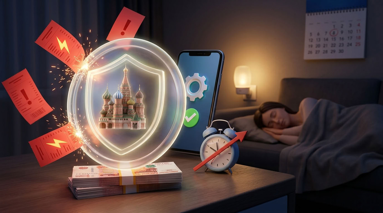 Прозрачный щит с замком защищает деньги от красных квитанций со штрафами на фоне спящего человека