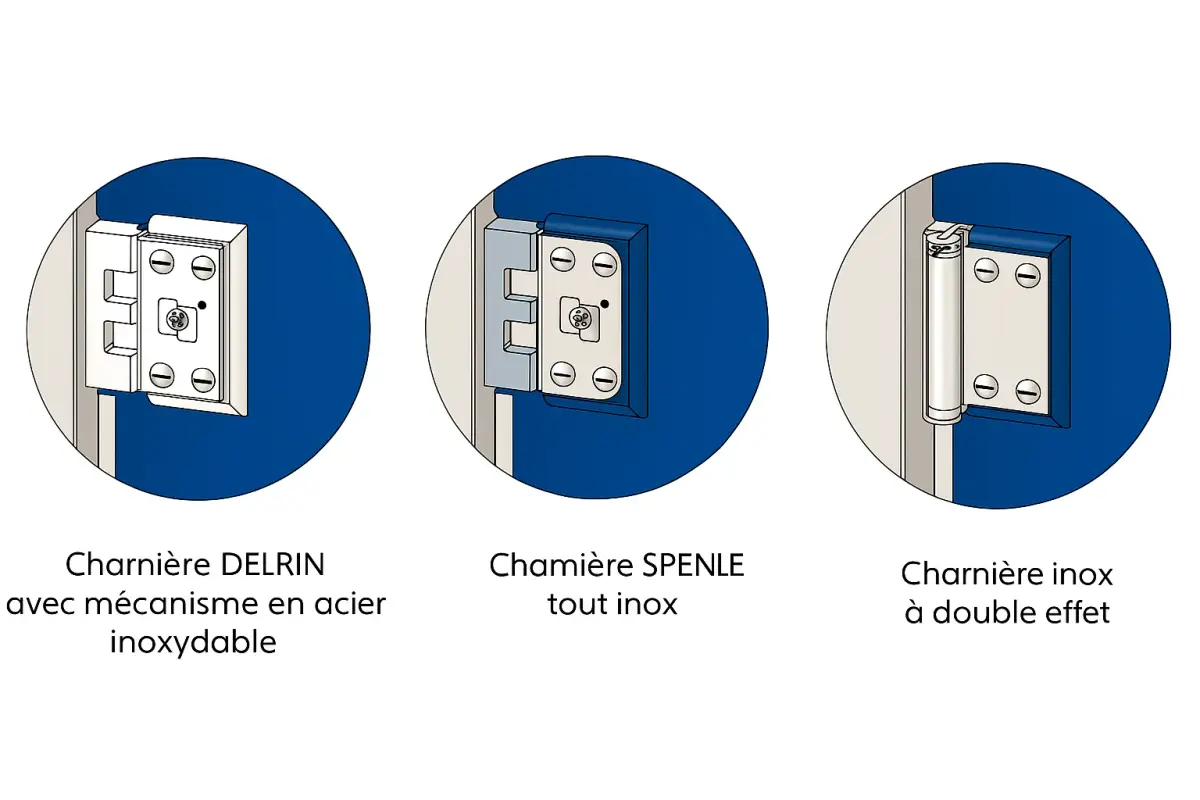 Détail des charnières double action pour porte va-et-vient