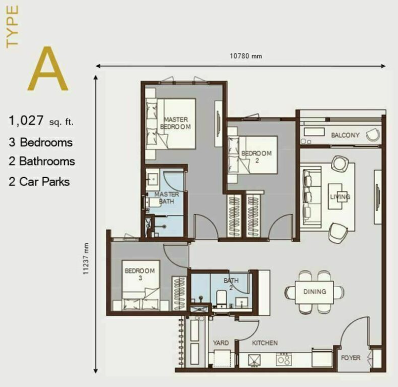 Park One Type A floor plan in Melawati, Selangor