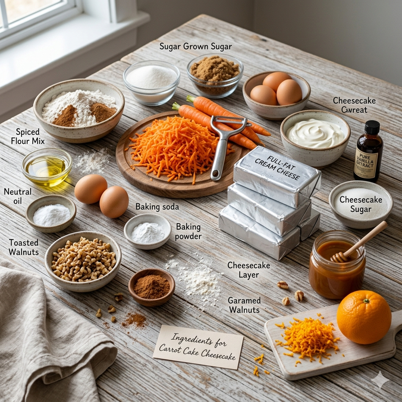 Fresh Ingredients for Carrot Cake Cheesecake - Homemade Dessert Recipe