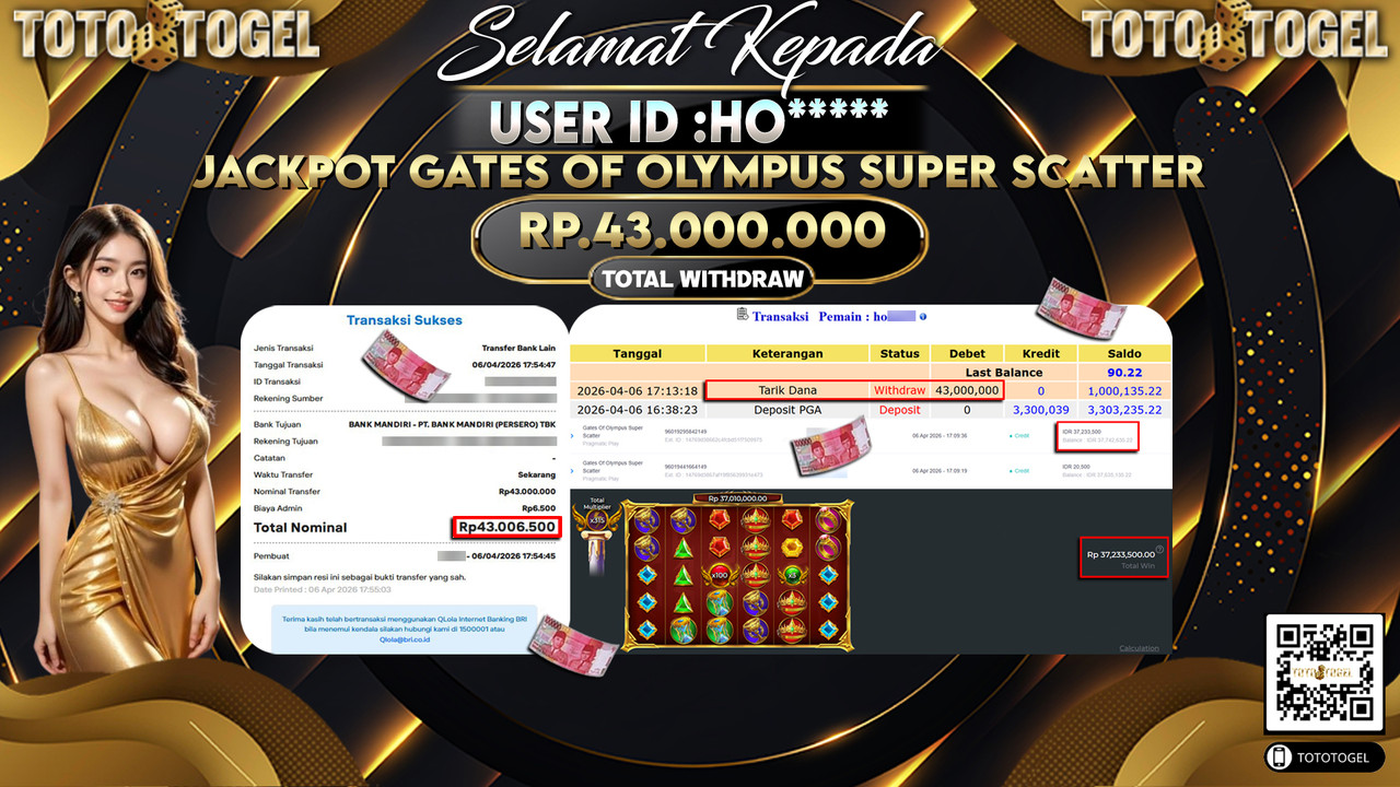 Bukti Pembayaran Jackpot Permainan Slot Gates Of Olympus Super Scatter ID:HO*****LUNAS