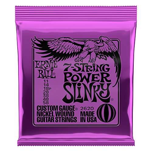 Amazon: Ernie Ball Power Slinky - Cuerdas para guitarra eléctrica de 7 cuerdas, entorchado de níquel, calibre 11-58 
