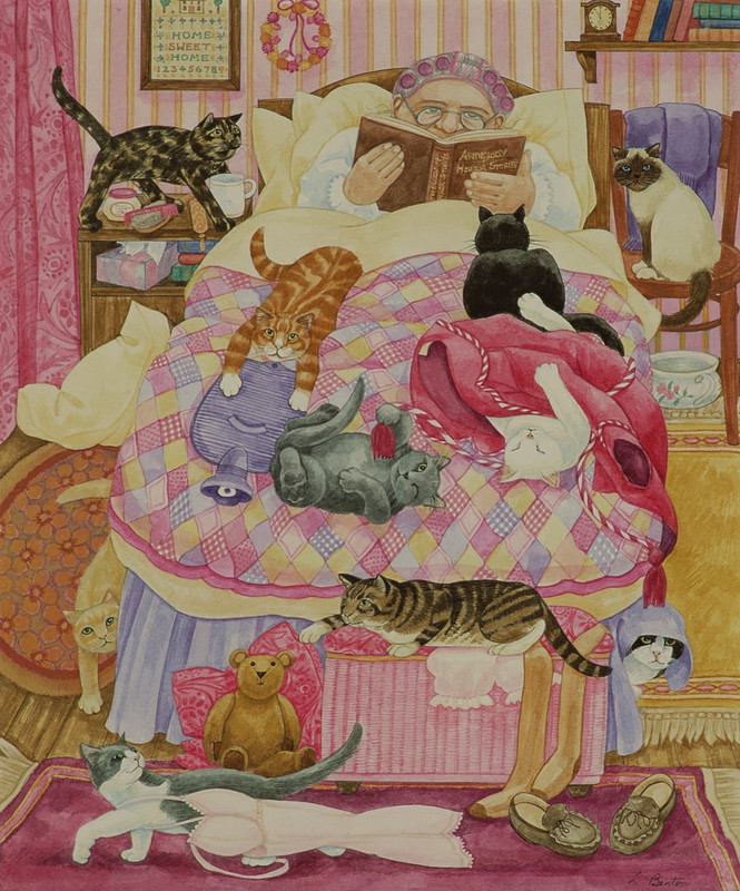 3-Linda-Benton-Grandma-and-10-cats-in-the-bedroom-wc-on-paper-Meister-Drucke-593509