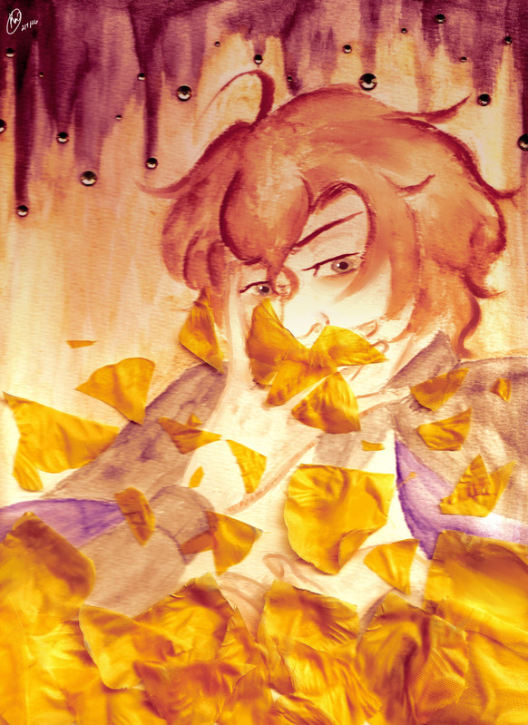 A mixed media illustration featuring Yumeno Gentaro (in watercolor) coughing up yellow petals (polyester silk). His face is twisted in disgust and realization, eyes fixated on the petals he's expelling. One hand is pressed to his face, as if trying to stop the flowers from overflowing; the other is overwhelmed by the amount of petals falling. The background is a shimmery gold watercolor, with black tendrils dripping from the top. Champagne gold rhinestones line these tendrils. 