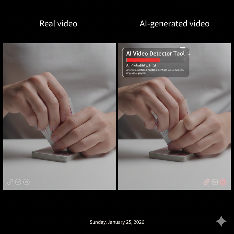 Split screen comparison of real video vs AI generated deepfake showing anomalies