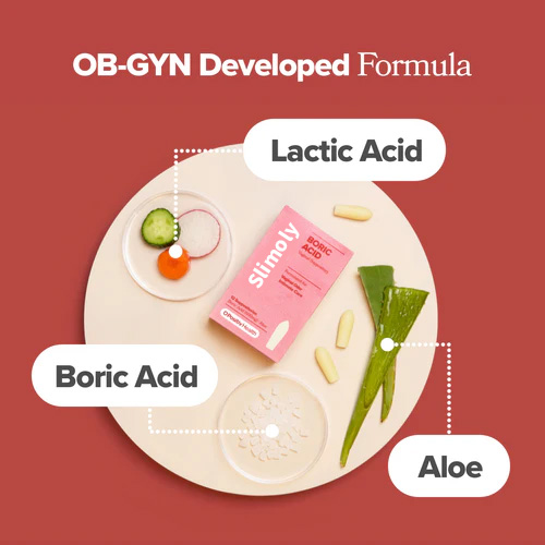 Ingredient visual: 600 mg boric acid, lactic acid synergy, aloe-based clean formula