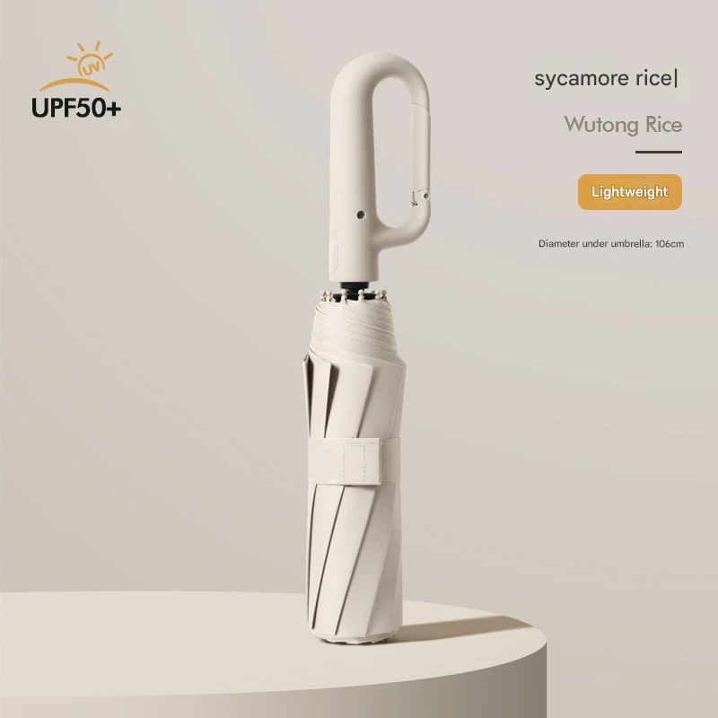 Automatic Open/Close Umbrella with UPF50+ Sun Protection - 10-Rib Windproof Design, Carabiner Handle(Beige)