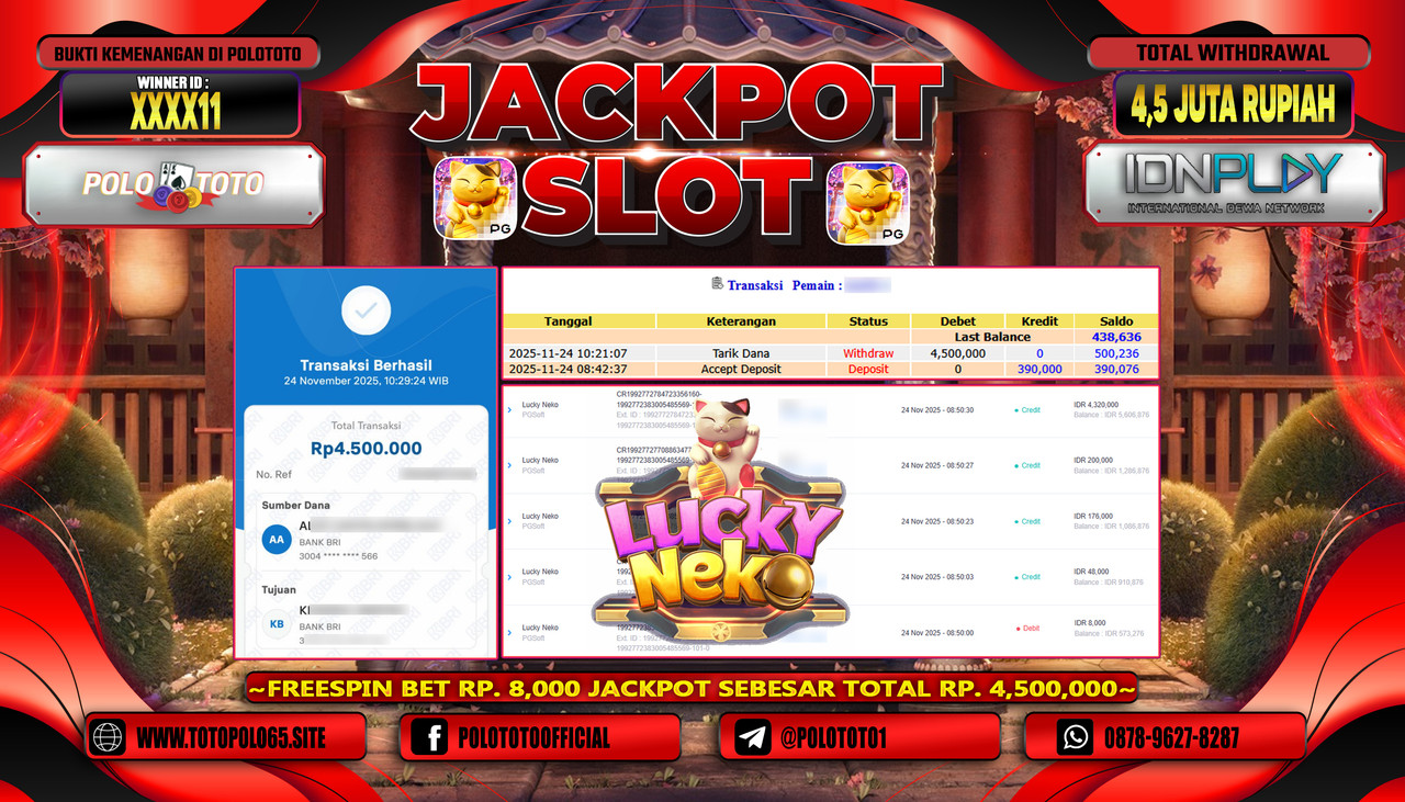 POLOTOTO JACKPOT SLOT LUCKY NEKO Rp.4.500.000,- LUNAS