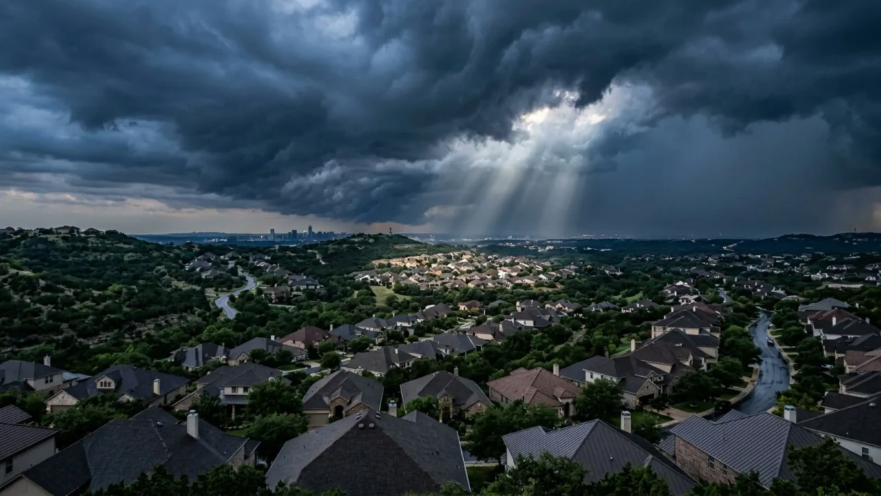 Austin Hill Country neighborhood rooftops under a storm sky