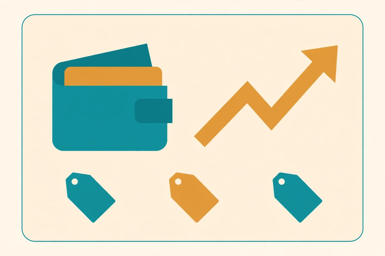 Freelance finance dashboard with wallet, expense tags, and profit arrow