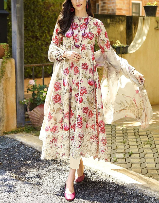 All-Over Floral Print Embroidered Lawn Dress with Soft Chiffon Dupatta