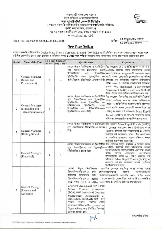 Dhaka Mass Transit Company job circular -2022