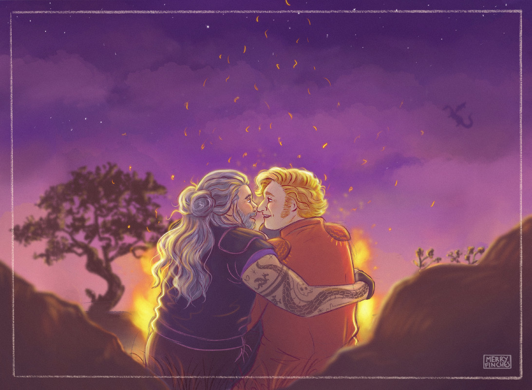 Illustration by MerryFinches. Ed and Stede are sitting side by side in front of a campfire. We see them from behind, Ed's arm around Stede. They are gazing into each other's eyes, lips inches apart. In the night sky, the silhouette of a dragon can be seen against the clouds. 