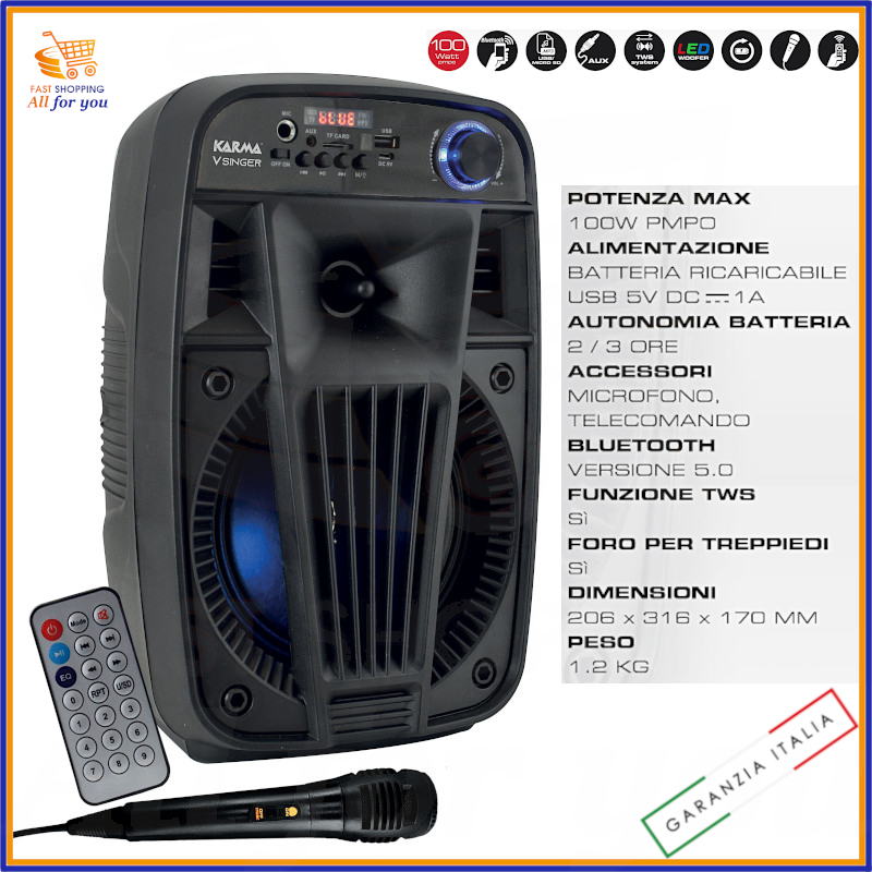 Cassa attiva amplificata professionale per karaoke speaker bluetooth usb wireless portatile con microfono musica 100W