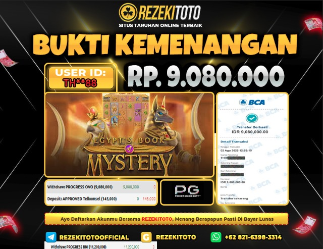 BUKTI KEMENANGAN 1 AGUSTUS 2025  EGYPT`S BOOK OF MYSTERY 9 JUTA 