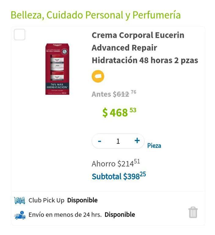 Sam's Club: Crema corporal eucerin advanced repair hidratación 48 hrs. 2 piezas | Precio agregando al carrito 
