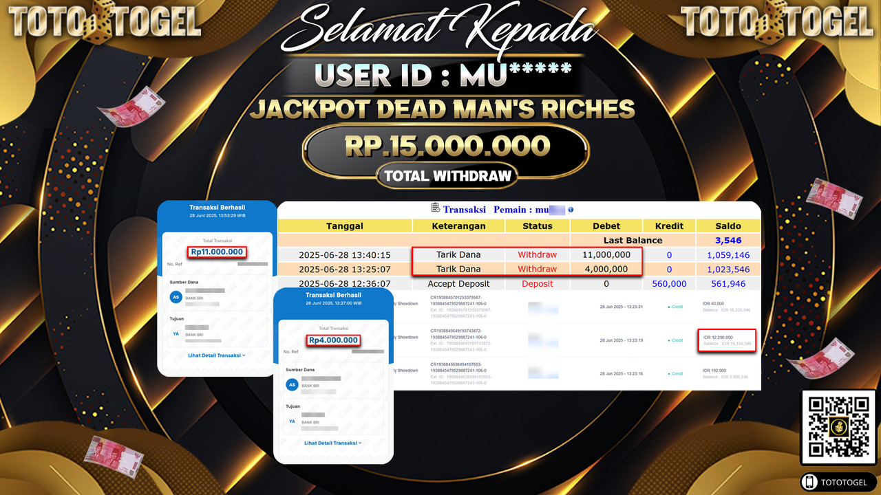 Bukti Pembayaran Jackpot Permainan Slot Dead Mans Riches ID:MU***** LUNAS