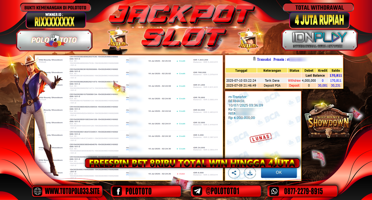POLOTOTO JACKPOT SLOT WILD BOUNTY SHOWDOWN Rp.4.000.000,-