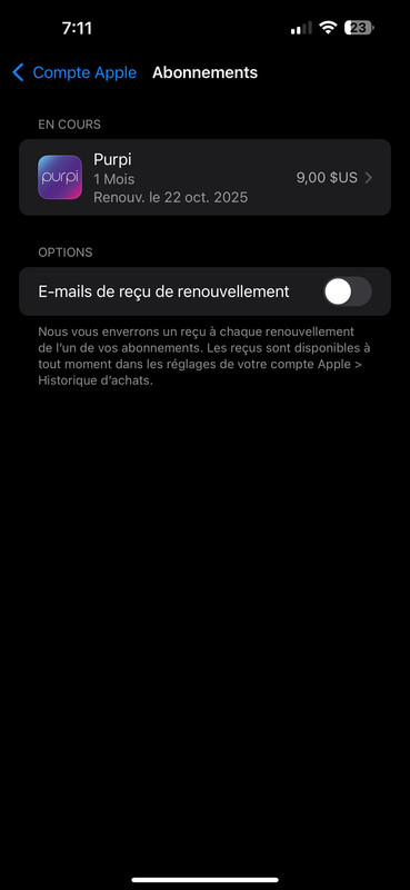 Écran des Abonnements du Compte Apple montrant l'abonnement Purpi
