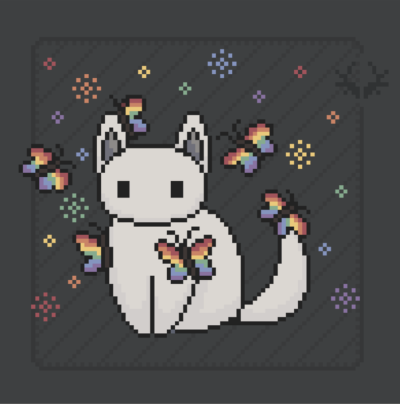 A plain white template cat with butterflies on and around them, and rainbow sparkles in the air. The butterflies are rainbow colored.
