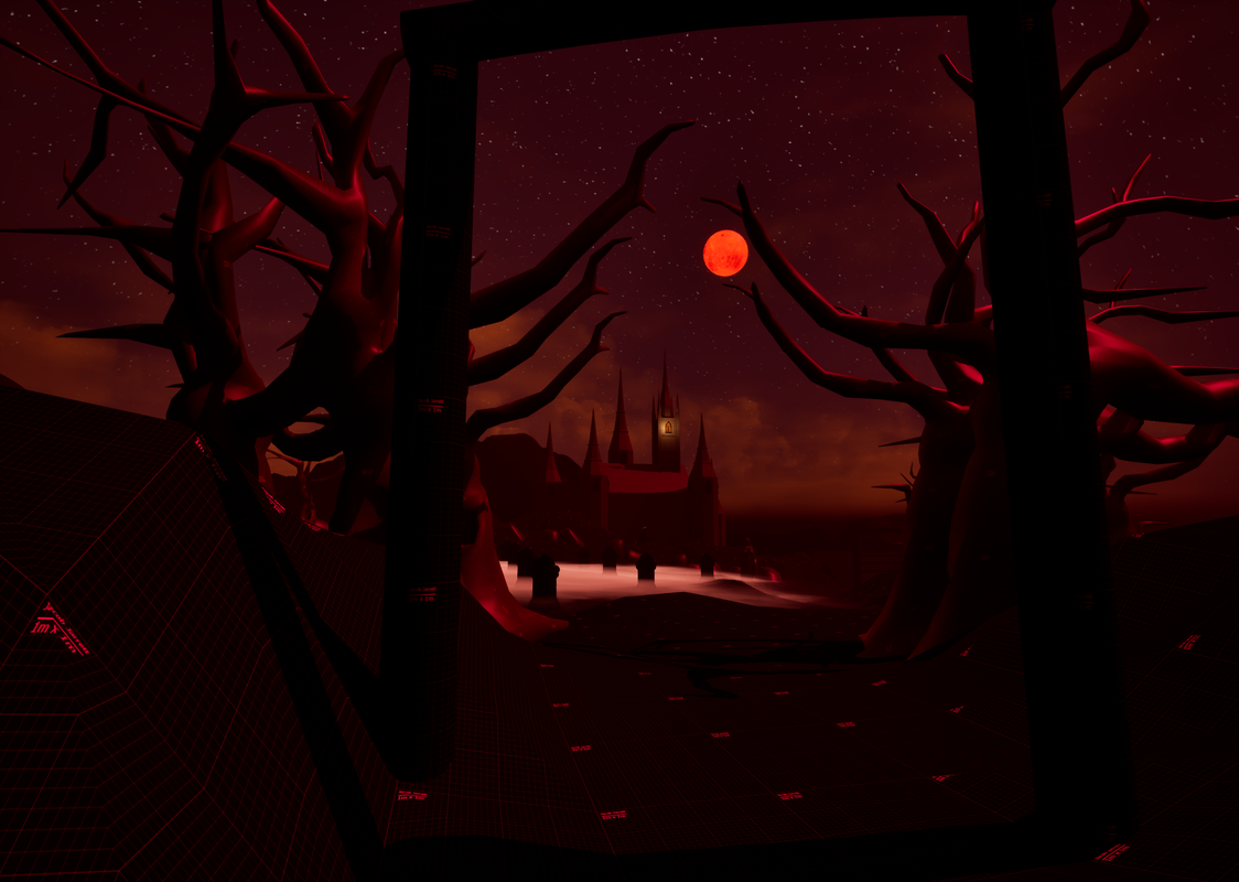 Castle framed through twisted trees under a red moon