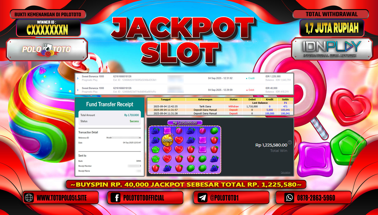 POLOTOTO JACKPOT SLOT SWEET BONANZA 1000 Rp.1.700.000,- LUNAS