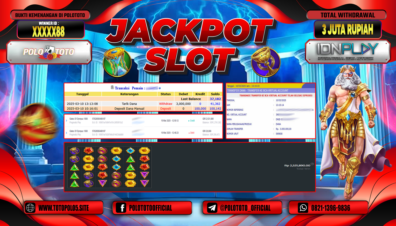 POLOTOTO JACKPOT SLOT GATES OF OLYMPUS 1000 Rp.3.000.000,-