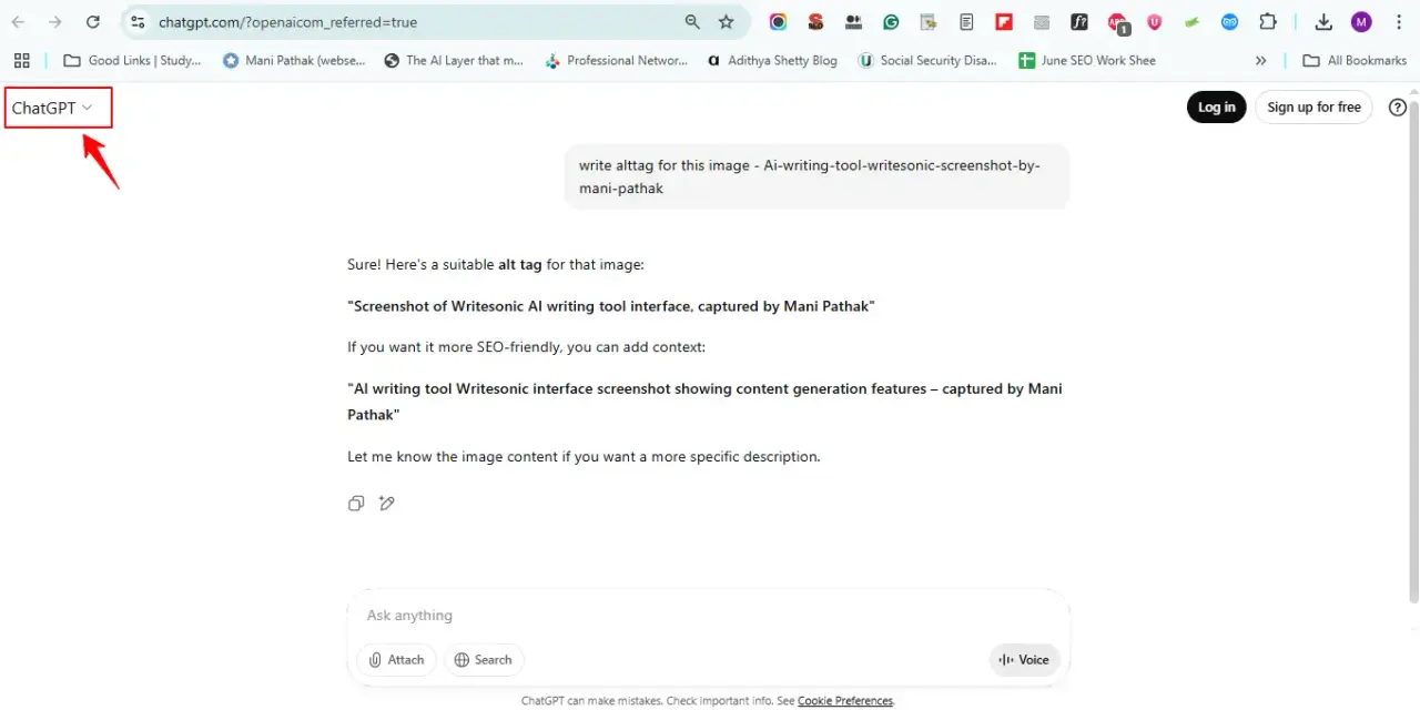 ChatGPT interface screenshot showing user query and response about AI writing tool Writesonic – captured by Mani Pathak