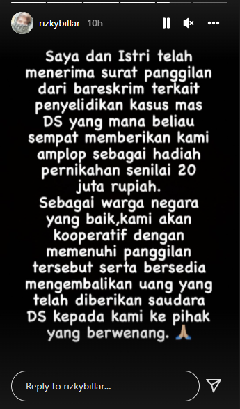 Instagram Story Rizky Billar.