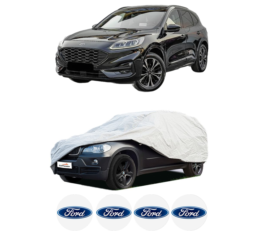 Husa tip prelata auto pentru FORD KUGA III (DFK) din 2019-2023, Culoare Gri, material textil impermeabil, rezistanta la intemperii praf UV, CARPASSION Husa Protectie, 4 Stickere auto cu FORD