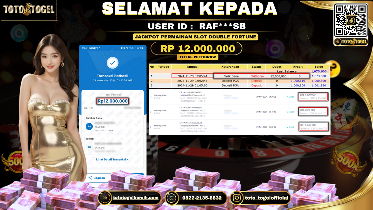 Bukti Pembayaran Jackpot Permainan Slot Mahjong Ways ID: RAF***SB LUNAS 